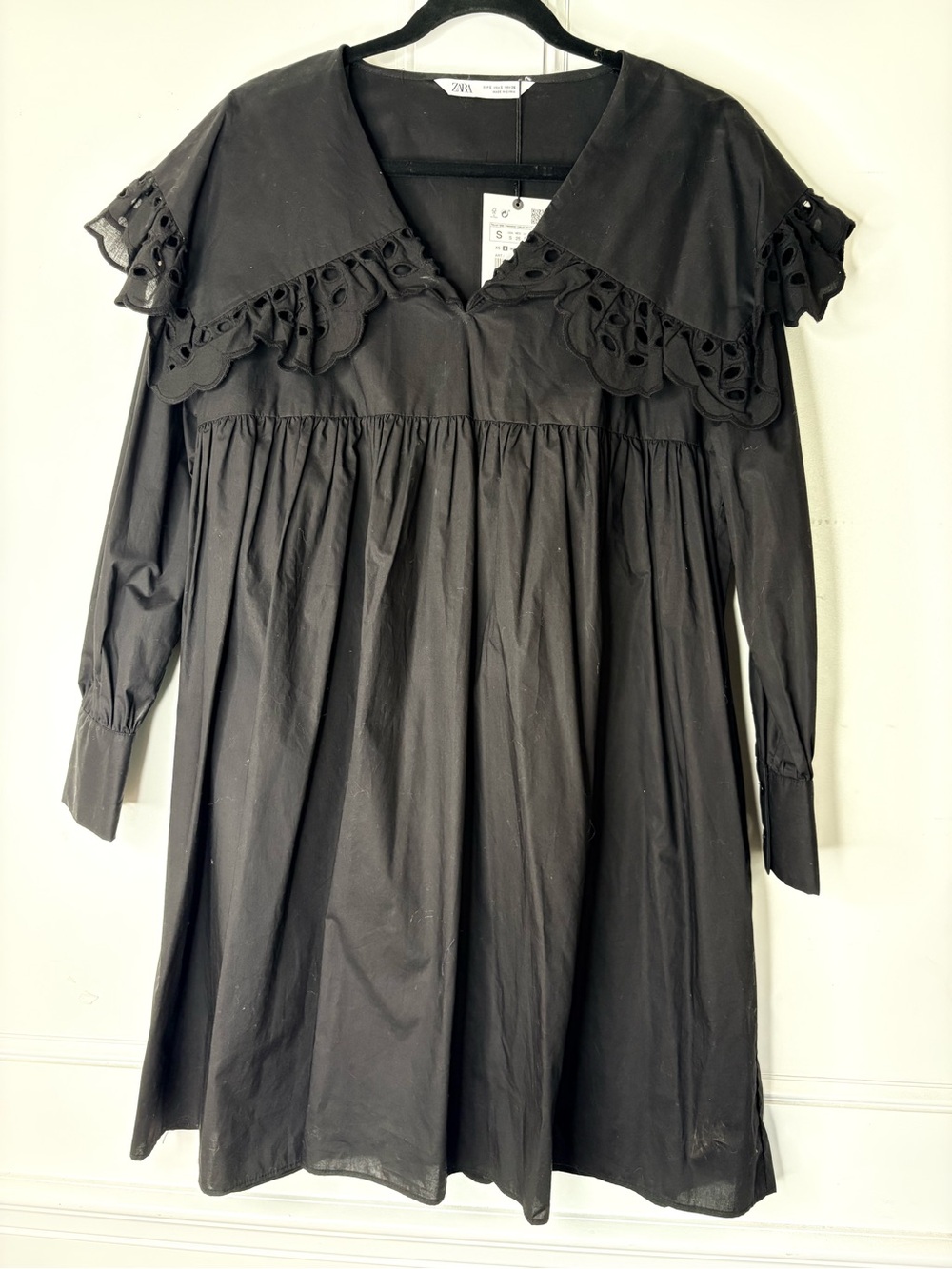 Zara Black Ruffled Peterpan Collar Babydoll Smock Dress
